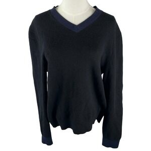 Chanel Uniform Sweater Womens M Black Wool Blue Trim‎ V Neck Pullover Logo 18A